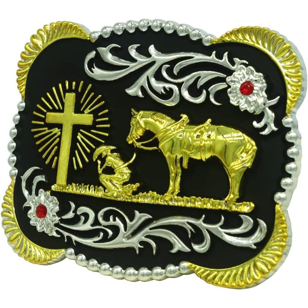Women Flower Golden Religion Cross Kneeling Prayer And Horse Design Belt Buckles - Picture 2 of 6